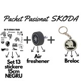 Set Cadou Pasionati Skoda , 13 Stickere Personalizate, Breloc 3D si Air Freshener Roata 3D