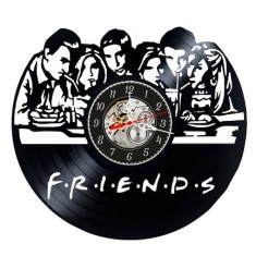 Ceas de perete decorativ realizat din disc de vinil, Model Serialul Friends, Siluete Personaje la Cafenea, Text F.R.I.E.N.D.S, Negru Premium, 30 cm