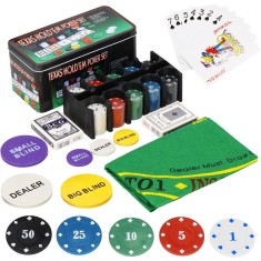 Set de Poker Complex cu 200 de jetoane, covoras verde, 2 seturi de carti, in cutie metalica