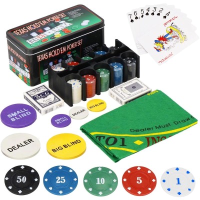Set de Poker Complex cu 200 de jetoane, covoras verde, 2 seturi de carti, in cutie metalica Household NewTrend foto