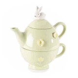 Cumpara ieftin Set ceainic cu ceasca din ceramica verde model Iepuras 19x12x19 cm