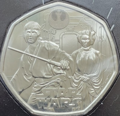50 pence 2023 Marea Britanie, Luke Skywalker and Princess Leia, Star Wars, Bunc, Coincard, km#2442 foto