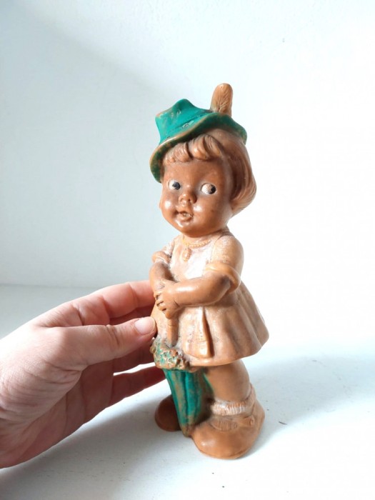 Jucarie veche vintage de cauciuc, West Germany, fetita cu umbrela, 20 cm