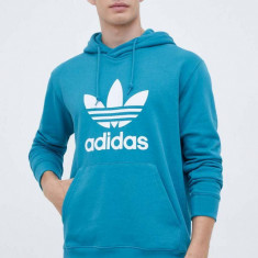 adidas Originals hanorac de bumbac barbati, culoarea turcoaz, cu glugă, cu imprimeu