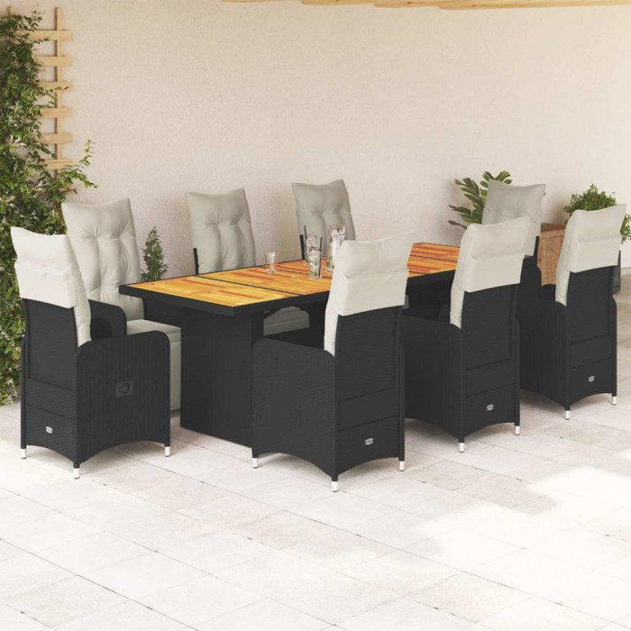 vidaXL Set bistro de grădină, 9 piese, cu perne, negru, poliratan 3277289