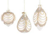 Set 6 globuri brad Craciun sticla alba sclipici auriu Drapery 7x7x10h; 8x8x9h; 6,8x6,8x13h