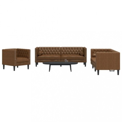 vidaXL Set canapele Chesterfield perne 3 piese maro piele &amp;icirc;ntoarsă eco foto