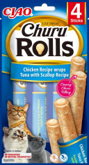 Recompense pentru pisici INABA Ciao- Churu Rolls- Rulouri de Pui umplute cu crema de Ton si Scoici 4x10g foto