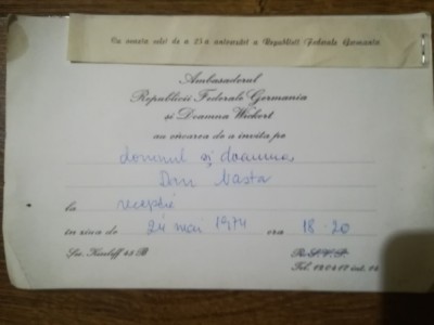 1974 invitatie actor Dan Nasta la Ambasada RFG Bucuresti, a 25-a aniversare foto