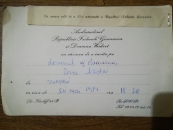 1974 invitatie actor Dan Nasta la Ambasada RFG Bucuresti, a 25-a aniversare