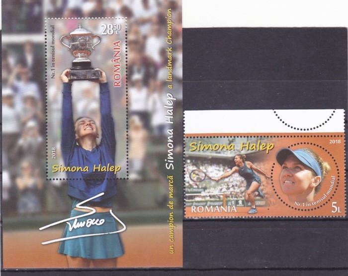 TENIS,SIMONA HALEP,SERIE + BLOC,2018,MNH,ROMANIA. TENIS,SIMONA HALEP,SERIE + BLOC,2018,MNH,ROMANIA.