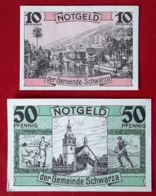 Germania lot 2 notgeld 10 + 50 pfennig 1921 Schwarza UNC ** foto