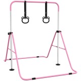 HOMCOM Paralele, Bară de Antrenament cu &Icirc;nălțime Reglabilă cu 2 Inele și Covoare Antiderapante, 148x105x88-128 cm, Roz | Aosom Romania