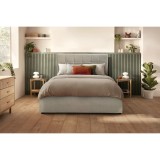 Pat tapitat cu somiera rabatabila KL Henry, dublu, cu spatiu depozitare, structura lemn masiv, 140x200 cm, bej