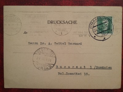 1931-C.P. circ.-Praga-Bucuresti-Antet publicit PTT-RARA foto