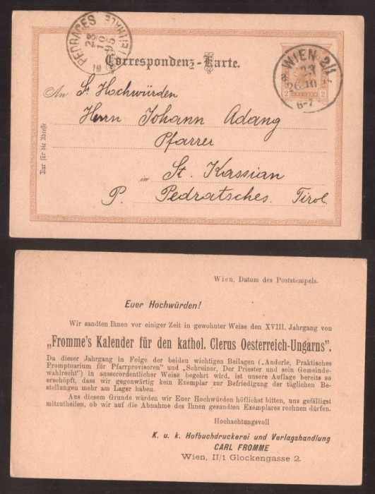 Austria 1895 Old postcard Postal stationery Vienna to Tirol DB.026