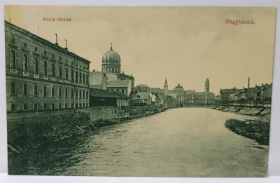 ORADEA , VEDERE PE DE CRIS , IN STANGA SINAGOGA , IN FATA PALATUL PRIMARIEI , CARTE POSTALA , CCA. 1900 foto