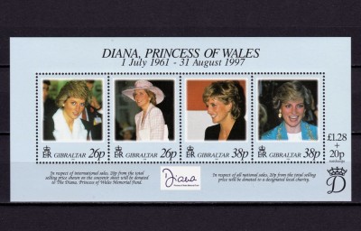 ✅( S7 ) Gibraltar 1998 &amp;quot;Printesa Diana- in memoriam &amp;quot; , colita 32 Michel 818/821 , suprataxa , MNH foto