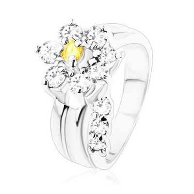Inel strălucitor, tulpină de floare despărţită formată din zirconii transparente, floare cu zirconii transparente şi galbene - Marime inel: 51 foto