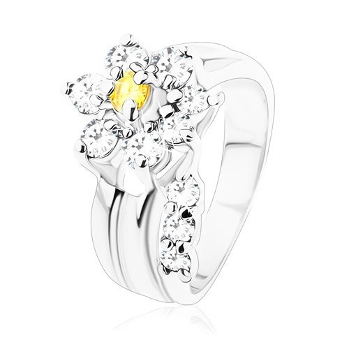 Inel strălucitor, tulpină de floare despărţită formată din zirconii transparente, floare cu zirconii transparente şi galbene - Marime inel: 51