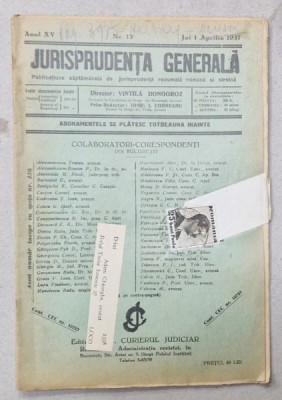JURISPRUDENTA GENERALA , PUBLICATIUNE SAPTAMANALA DE JURISPRUDENTA REZUMATA ROMANA SI STREINA , NR. 13, 1937 foto