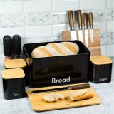 Set cutie paine si recipiente pentru zahar, cafea, ceai, oțel-bambus, negru, KingHoff