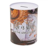 Pusculita cilindrica din metal, Life is short, 10 x 15 cm, Multicolor