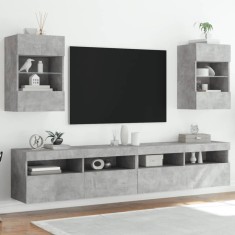 vidaXL Comode TV de perete cu lumini LED 2 buc. gri beton 40x30x60,5cm foto