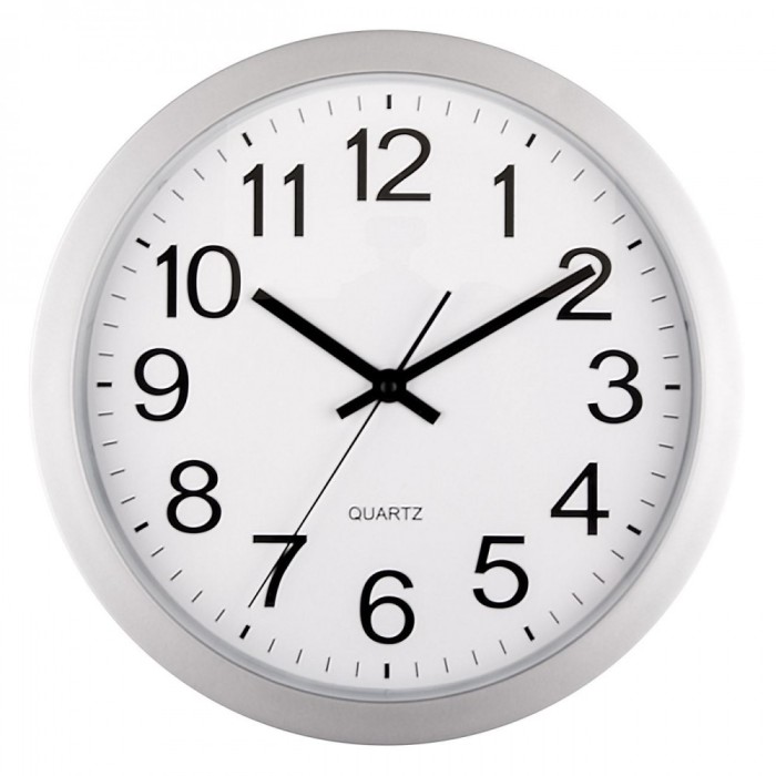 Ceas de Perete Quartz, 30cm, Culoare Alb/Argintiu, Indicatori Negri, Material Sticlă/Plastic
