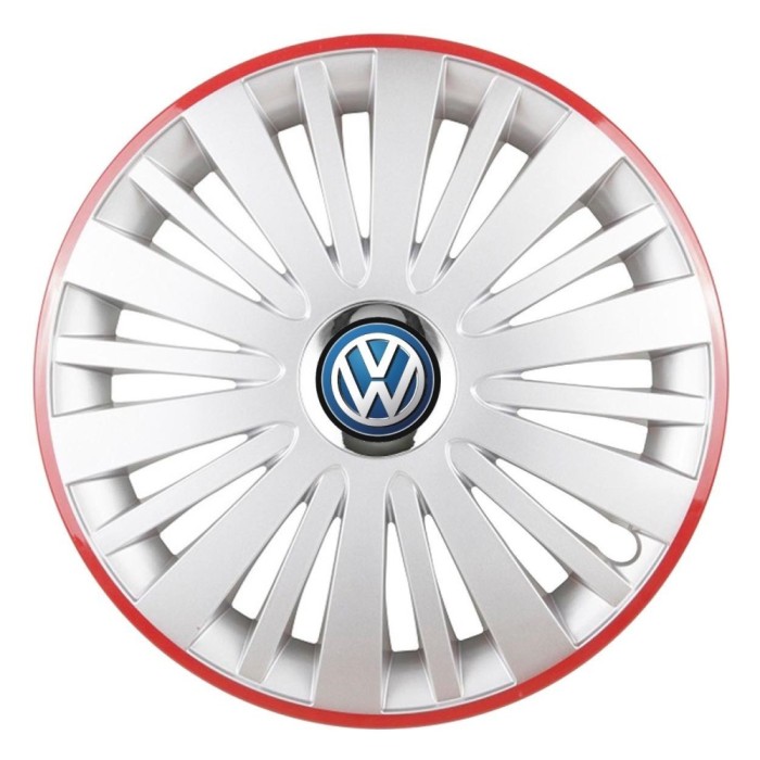 Set 4 Capace Roti, potrivite jantelor de R16, pentru Volkswagen, model falcon argintiu cu rama rosie