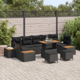 Gossi set de canapea de gradina cu 10 piese cu perne din poliratan negru si acacia, Gossi set de dining de gradina cu 3 piese cu perne din poliratan n