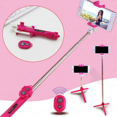 Selfie stick tripod, bluetooth, telecomanda, ajustabil, roz, Gonga foto