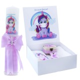 Cumpara ieftin Set Cutie Trusou cu Lumanare, 9 Piese, "Cu drag de la nasi", Lila, Unicorn - TB183