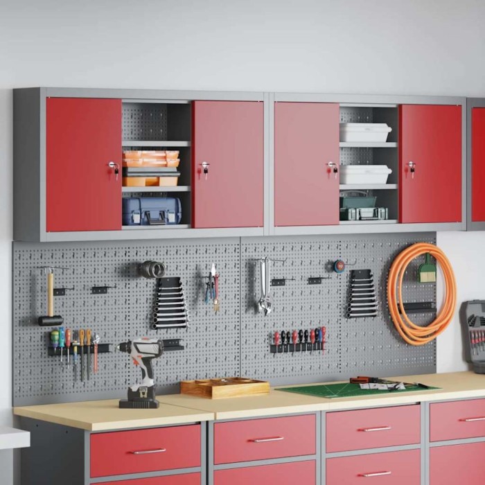 Set dulap unelte &amp; panou c&acirc;rlige de perete, 4 piese roșu metal