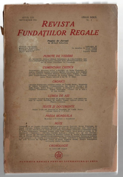Revista Fundatiilor Regale sept /1945 Arghezi M. Bibescu E. Jebeleanu J. Mouton