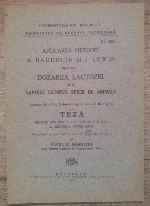 Aplicarea metodei A. Baudouin si J. Lewin pentru dozarea lactozei/ 1930