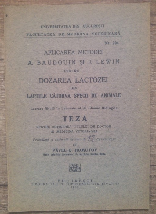 Aplicarea metodei A. Baudouin si J. Lewin pentru dozarea lactozei/ 1930