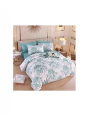 Lenjerie finet premium cu elastic pentru pat dublu model cu frunze turcuaz foto