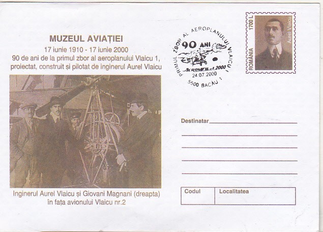 bnk ip Aeromfila 2000 Bacau - Aurel Vlaicu - stampila ocazionala 90 ani de la zborul Vlaicu I
