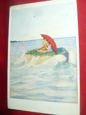 Ilustrata -Piesa de autor -Copii la mare ,sub umbrela ,pe o insulita 1922 foto