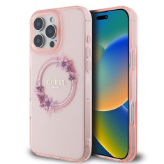 Husa iPhone 16 Pro Max originala Guess IML Flowers Wreath MagSafe, roz, GUHMP16XHFWFCP foto
