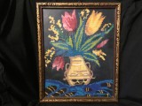 Arta / design / vintage - Tablou goblen / cusatura flori in rama de lemn !