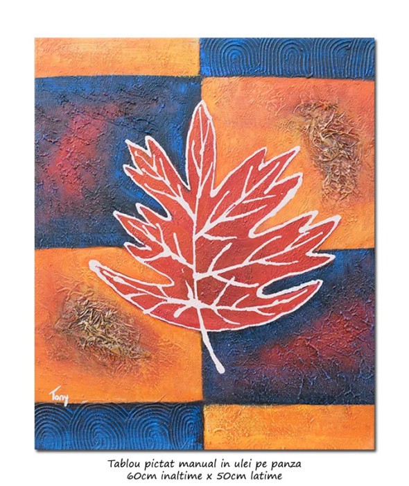 Tablou Frunza de artar pictat manual, 60x50cm ulei panza in relief efect 3D