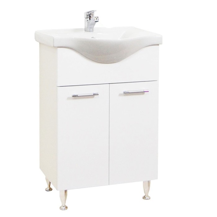 Baza si lavoar ceramic GN1531, mobilier baie stativ 60 cm, front MDF, 2 usi, balamale soft close, picioare cromate reglabile, alb