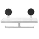 Cumpara ieftin Suport hartie igienica, dublu, cu raft depozitare telefon sau alte accesorii, prindere cu ventuza, suport pentru prosop, din plastic, alb/gri