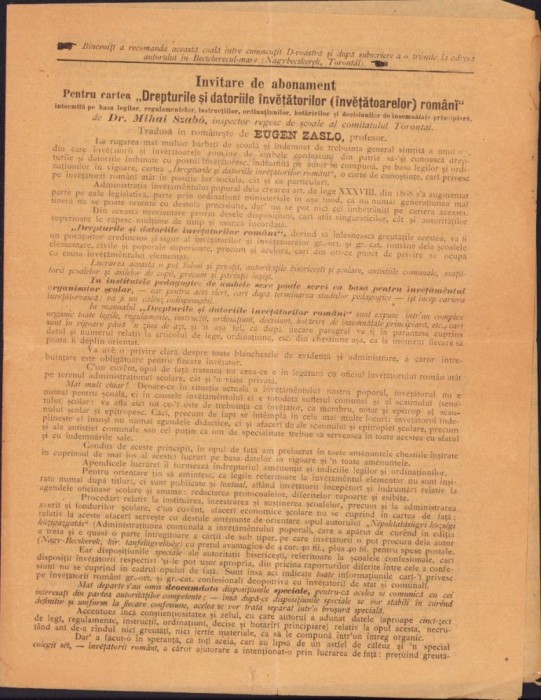 A1411 Invitare de abonament pentru cartea &rdquo;Drepturile și datoriile &icirc;nvețatorilor (&icirc;nvețătoarelor) rom&acirc;ni&rsquo;, anii 1890, comitatul T&acirc;rnava