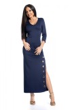Rochie Maxi Bleumarin Crapatura Decolteu V Maneci Trei Sferturi Accesorii Metalice Eleganta Ocazie Speciala M S/M