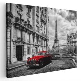Tablou turnul Eiffel cu masina rosie vintage Tablou canvas pe panza CU RAMA 60x90 cm
