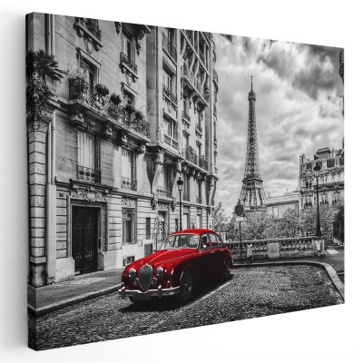Tablou turnul Eiffel cu masina rosie vintage Tablou canvas pe panza CU RAMA 20x30 cm foto