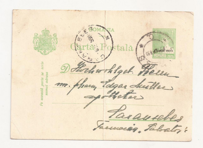 R1 Romania - Carta postala ,Caransebes-Buzias , circulata 1930